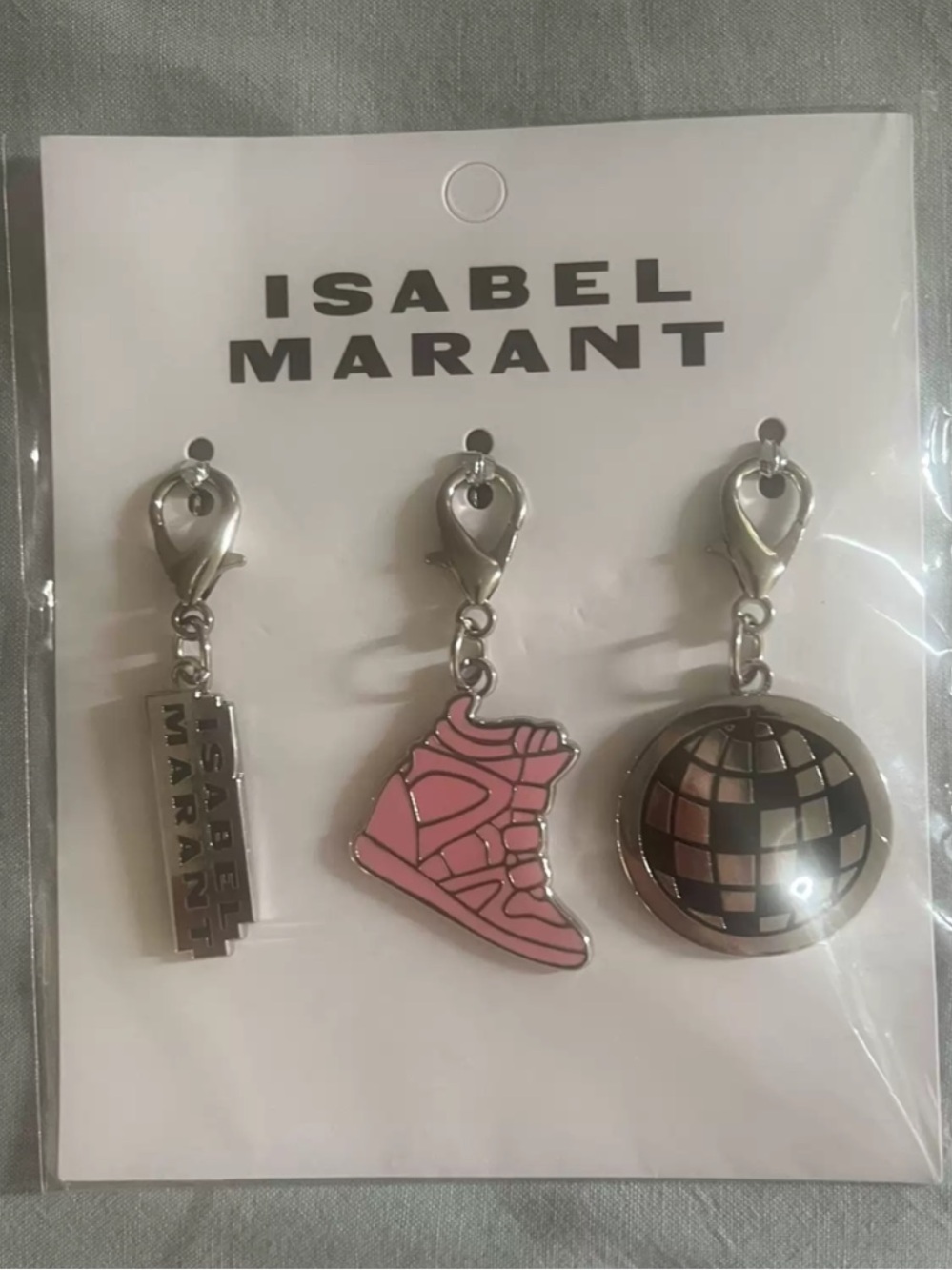 Isabel Marant Pink Sneaker & Disco Ball & Logo Keychain Trio/ Bag Charm